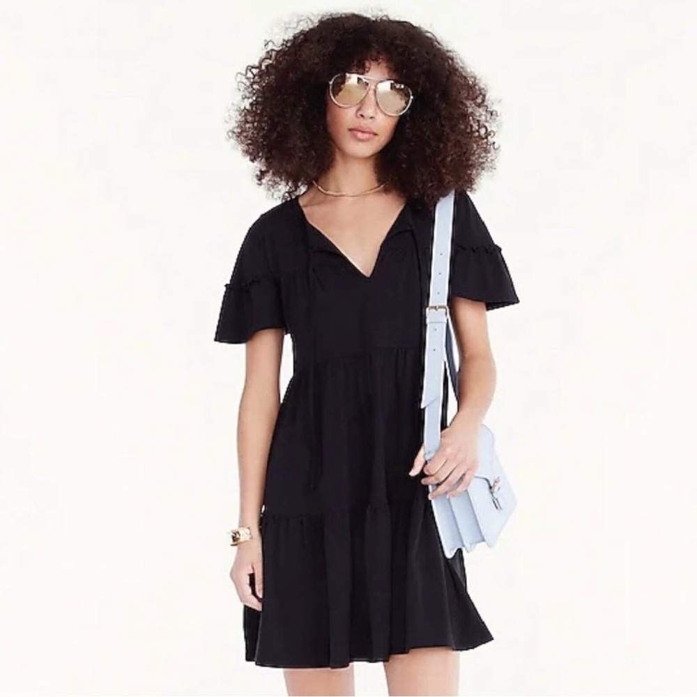 J. Crew Black Broken-In Jersey Tiered Mini Dress Casual Shirt Sleeve: Large